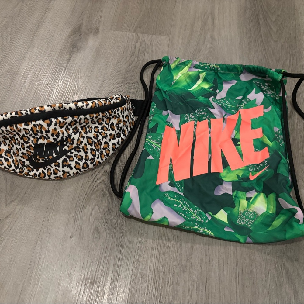 Nike Green and Pink Drawstring Bag with Leopard Fanny Pack